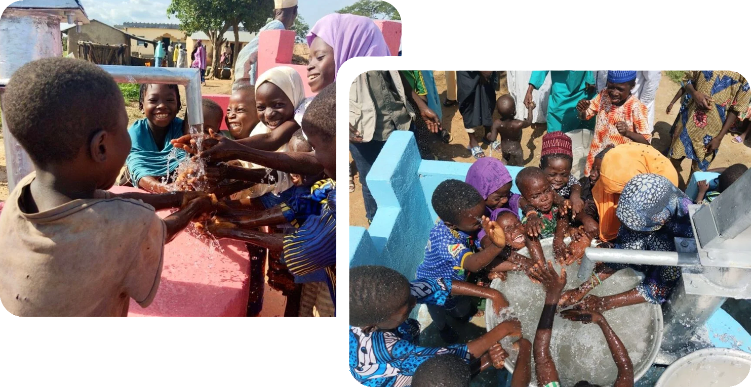 lächelnden Kindern, die sich in einem afrikanischen Dorf mit sauberem Wasser erfrischen.