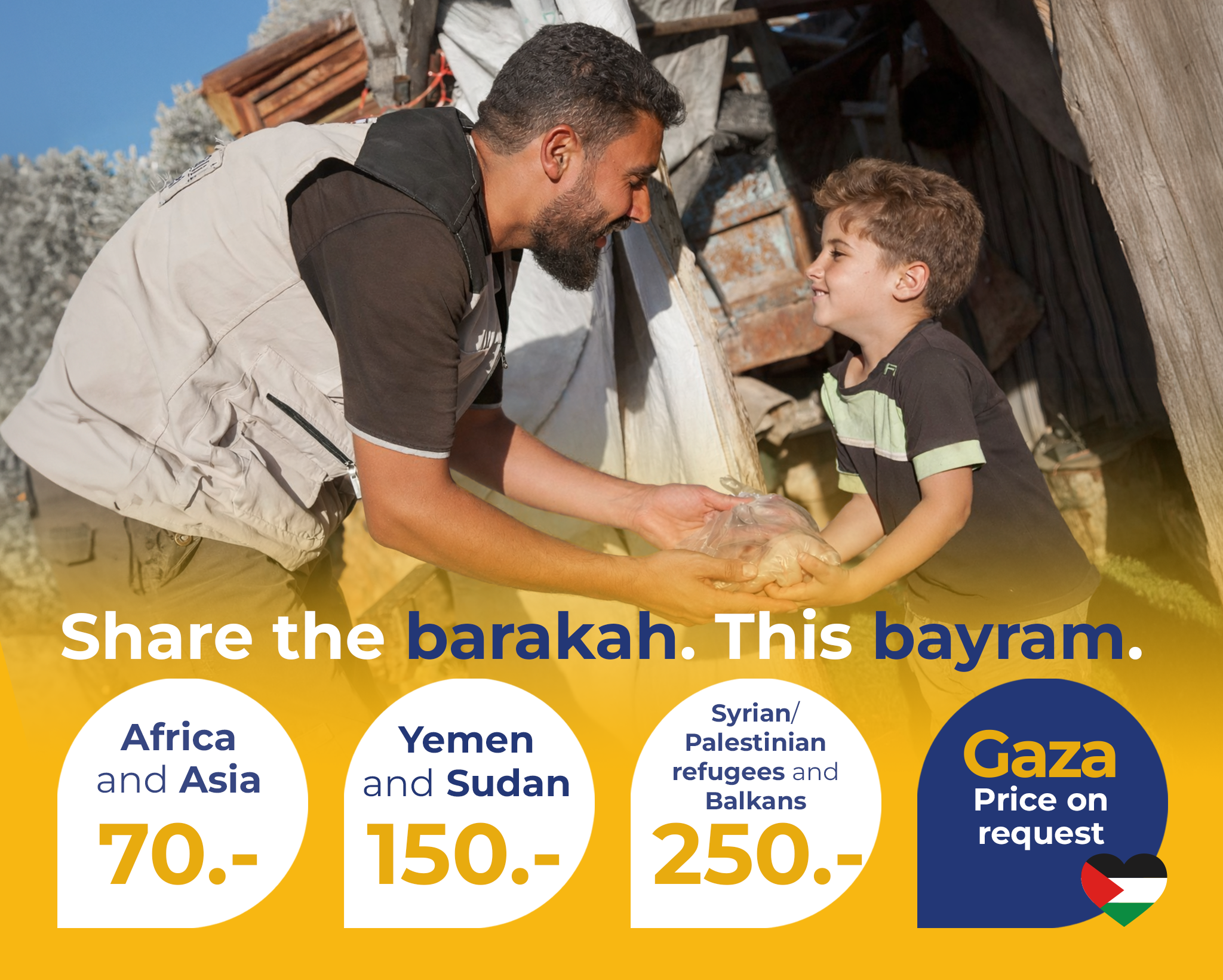 Aid worker giving food to a boy. Below, price options for Qurban donations in various regions (Africa, Yemen, Palestinian refugees), with a "Gaza - Price on request" section.