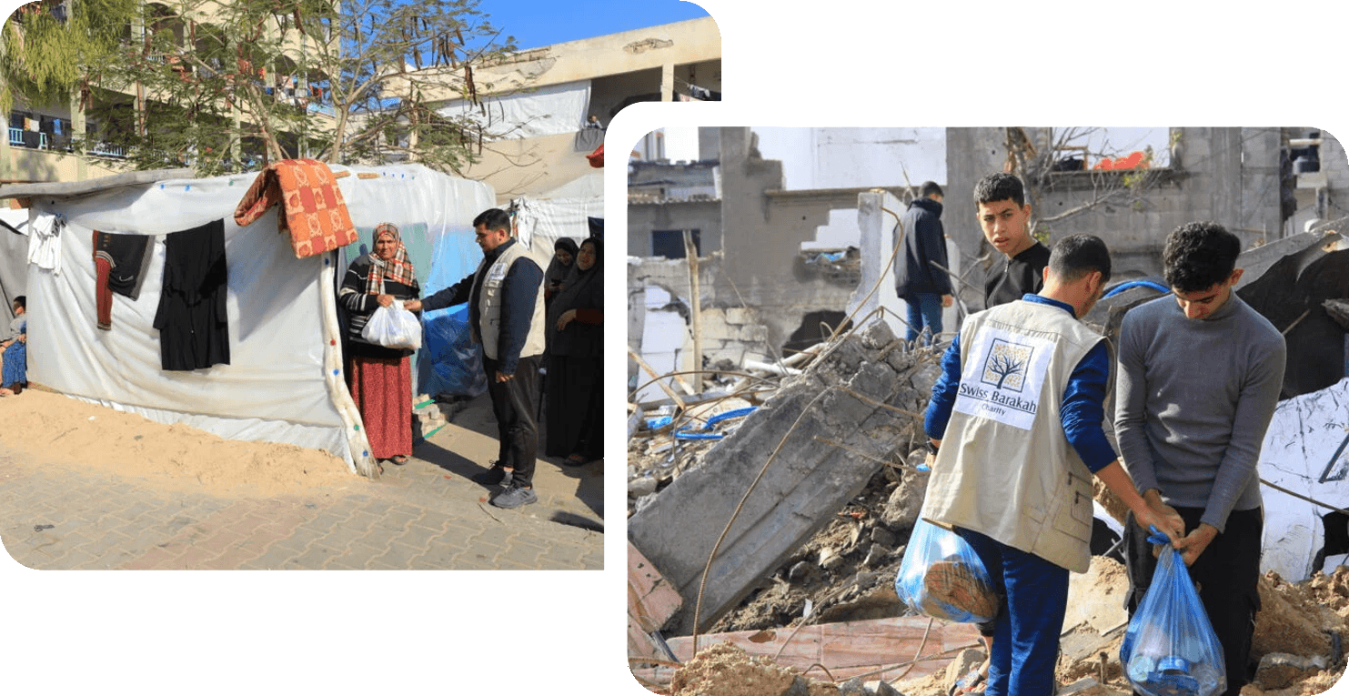 L'équipe de Barakah Charity distribue des colis alimentaires et une aide humanitaire en Palestine aux personnes vivant dans des abris temporaires.
