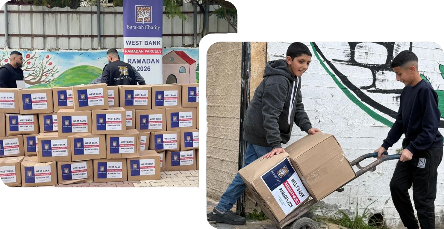 Freiwillige und Kinder bewegen Barakah Charity Lebensmittelpakete für Ramadan 2026 im Westjordanland.