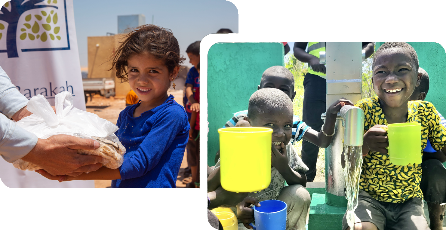 A young girl receiving a food package from Barakah Charity and happy children celebrating a new water well inauguration.