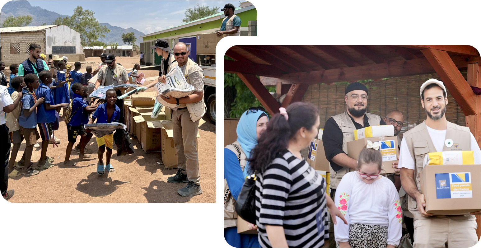 L'équipe de Barakah Charity distribue des sacs à dos aux enfants et des colis alimentaires aux familles.
